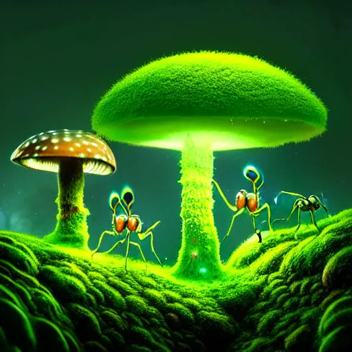 Image similar to a beautiful macro photography of luminescence moss with fungus and neon mushroom with real little bugs and giant ants, hyper detailed, warm volumetric lights, made by gerald brom and mike winkelmann, photorealism