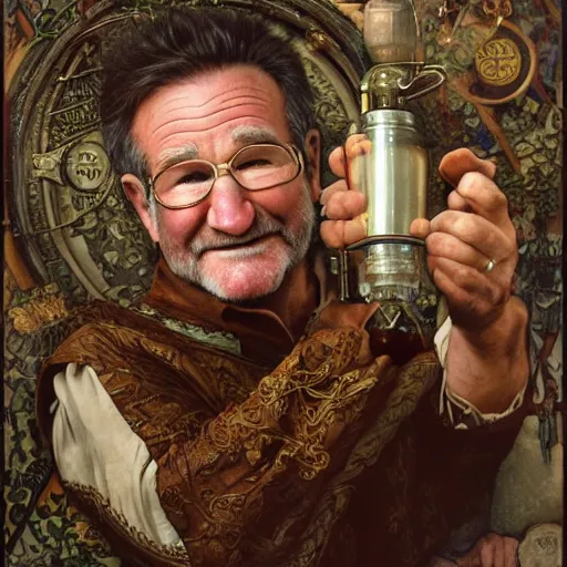 Image similar to an ultradetailed portrait of robin williams dressed as an alchemist, brewing potions in a workshop, d & d, fantasy, intricate, elegant, highly detailed, digital painting, matte, sharp focus, illustration, art by john collier and albert aublet and krenz cushart and artem demura and alphonse mucha