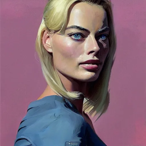 Image similar to greg manchess portrait painting of margot robbie as t - 8 0 0 terminator, medium shot, asymmetrical, profile picture, organic painting, sunny day, matte painting, bold shapes, hard edges, street art, trending on artstation, by huang guangjian and gil elvgren and sachin teng