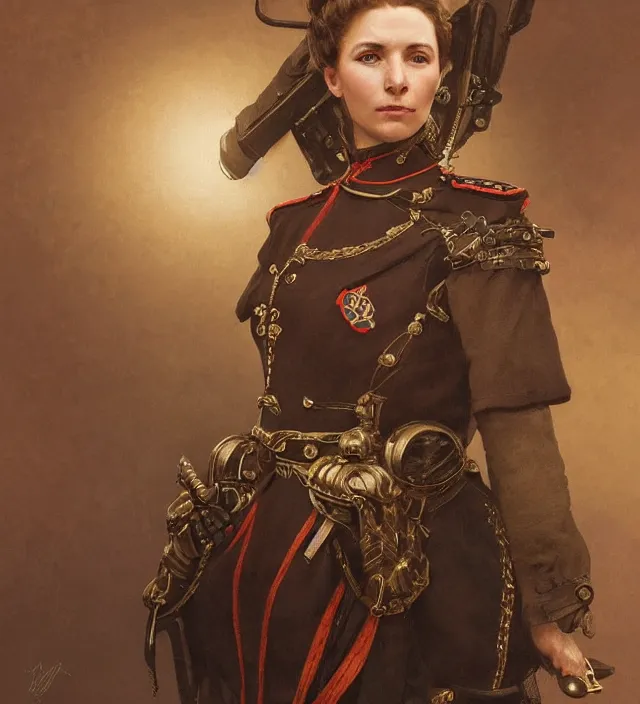 Prompt: portrait of an swiss woman wearing a traditional nineteenth century swiss empire military uniform, metal shoulder pauldrons, intricate, highly detailed, digital painting, artstation, concept art, sharp focus, cinematic lighting, illustration, art by artgerm and greg rutkowski, alphonse mucha, cgsociety