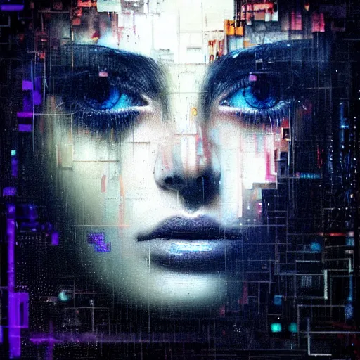 Prompt: hyperrealistic portrait of a young women with shining crystal eyes, by Guy Denning, by Johannes Itten, by Russ Mills, centered, glitch art, hacking effects, digital tech effects, cyberpunk, color blocking! , oil on canvas, intricate detail, concept art, abstract, detailed lines, glowing eyes, symmetrical eyes, symmetrical, octane, cgsociety, 8k, trending on artstation