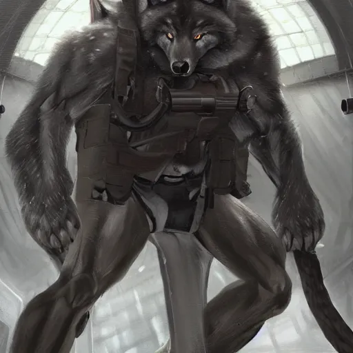 Prompt: a massively muscled male anthro wolf wearing tactical kevlar fabric in a research facility, bursting with muscles, highly detailed, furry art, furaffinity, digital painting, artstation, sharp focus, smooth, concept art, illustration, art by artgerm, greg rutkowski