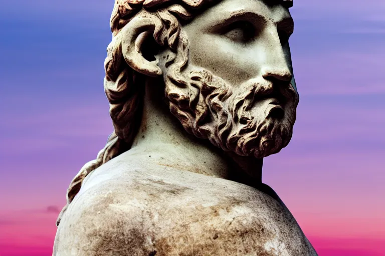 Prompt: a photograph of a greek statue with his hands on his face and a pink sky in the background, hyper realistic, 8 k