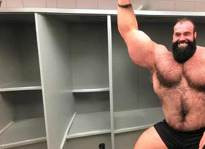 Image similar to big hairy burly strongman in private high school locker room