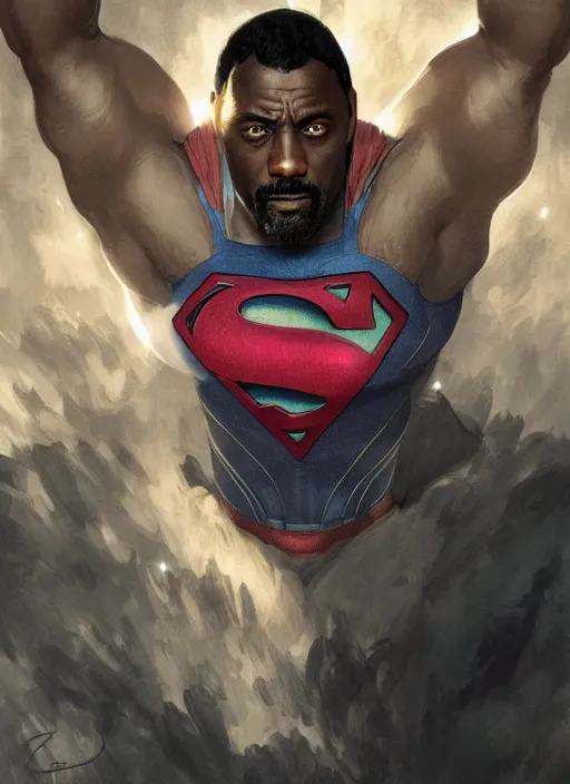 Image similar to Idris Elba as Superman, fantasy, intricate, elegant, highly detailed, digital painting, artstation, concept art, smooth, sharp focus, illustration, art by artgerm and greg rutkowski and alphonse mucha