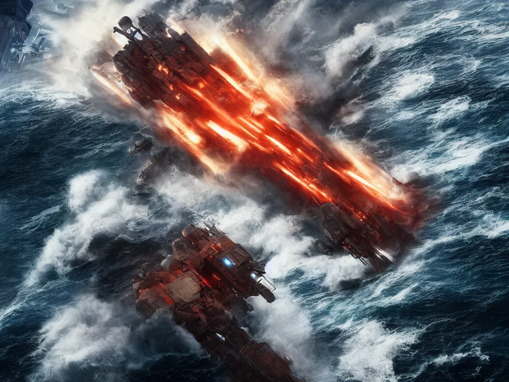 Image similar to breaking apart crashing damaged and on fire mecha battleship sailing alone on a stormy sea at sunset,large waves, explosions, battletech, octane render , aerial photo, cinematic