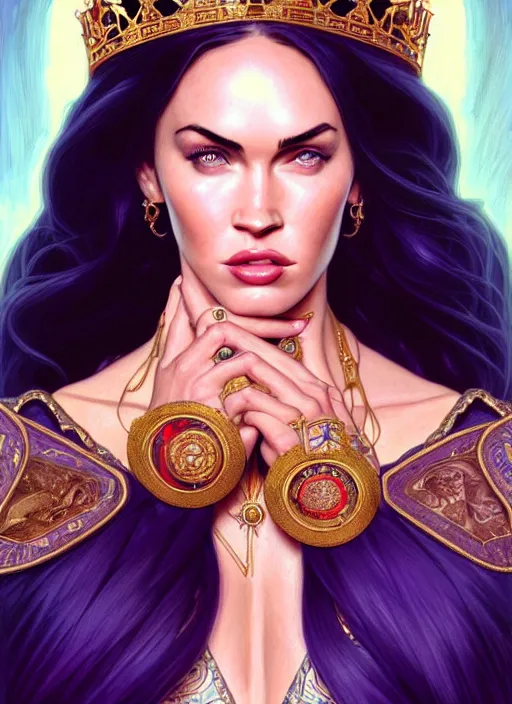 Image similar to portrait of megan fox as a queen, throne, jewelry, greek, violette, intricate, headshot, highly detailed, digital painting, artstation, concept art, sharp focus, cinematic lighting, illustration, art by artgerm and greg rutkowski, alphonse mucha, cgsociety