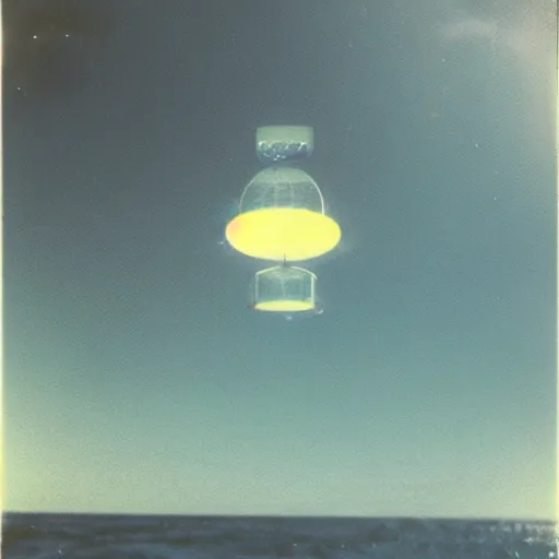 Prompt: tic tac shaped alien vessel hovering over water, real Polaroid photo