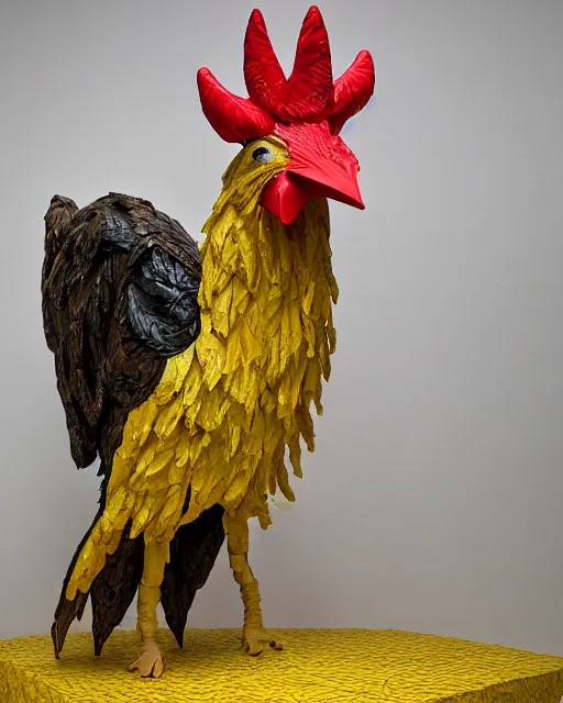 Prompt: maquette sculpture of a 7 foot tall giant chicken like prehistoric bird with iridescent feathers and wearing a yellow raincoat and gas mask. hyperreal