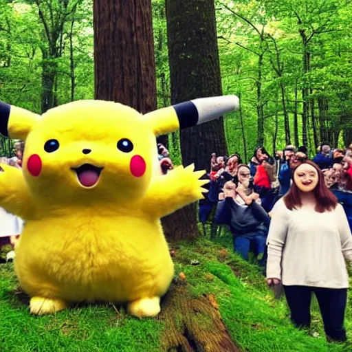 Image similar to photograph of a group of people worshipping a giant!!!, fluffy!!!, chubby!!!, pikachu in a forest, ultra realistic!!!, spring time, slight overcast weather, ( golden hour ), sharp focus