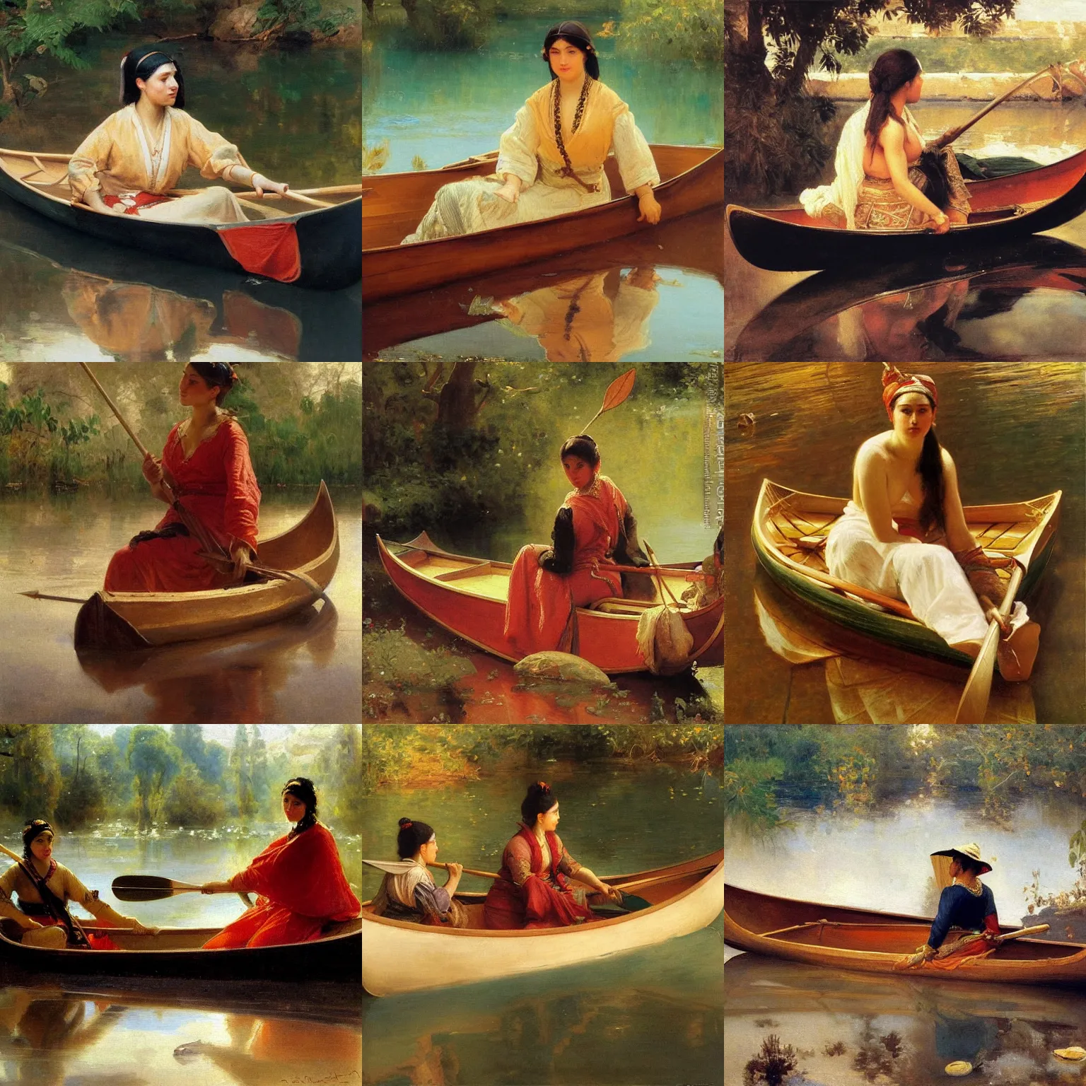 Prompt: orientalism painting of a woman in a canoe by theodore ralli and nasreddine dinet and anders zorn and nikolay makovsky and edwin longsden long, oil on canvas, masterful intricate artwork, excellent lighting, high detail 8 k