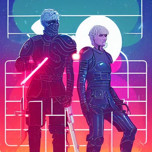 Image similar to jaime lannister and brienne of tarth fighting a thousand neon zombies with lightsabers, cyberpunk art by james gilleard, cgsociety, retrofuturism, synthwave, retrowave, outrun