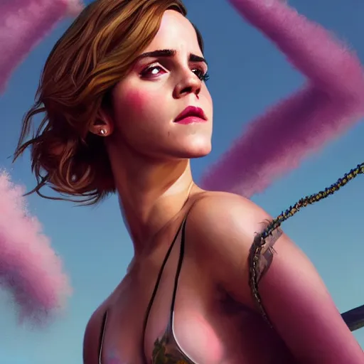 Image similar to highly detailed painting of emma watson wearing a latex suit, gta 5 cover art, stephen bliss, 8 k, by greg rutkowski, artgerm, loish, rhads, global illumination, radiant light, detailed and intricate environment