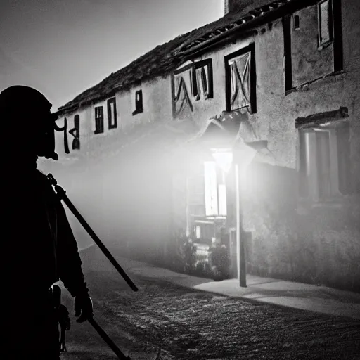 Image similar to a small medieval village at night time, orange glowing light filters out through the windows of the houses and a thin mist has settled around them, a lone guard stands watch armed with a spear and a flaming torch, dramatic, dark moody lighting, high quality