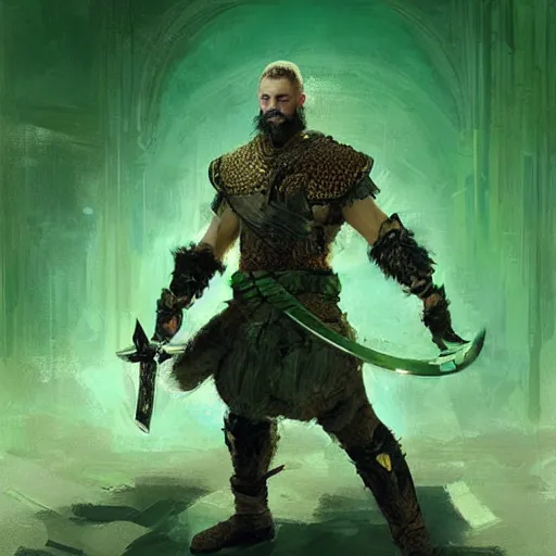 Prompt: A portrait of a fighter with short hair and a beard, dual wielding swords, he wears green scale armor and a cheetah cloak made of cheetah pelt, fantasy, digital art by Ruan Jia, Donglu Yu