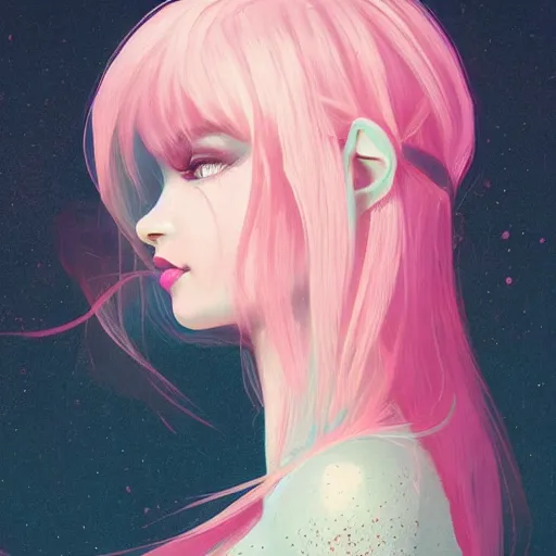 Image similar to girl portrait, elven princess, head and shoulders, matte print, pastel pink, neon highlights, digital art, cute freckles, digital painting, fan art, elegant, pixiv, by Ilya Kuvshinov, daily deviation, IAMAG