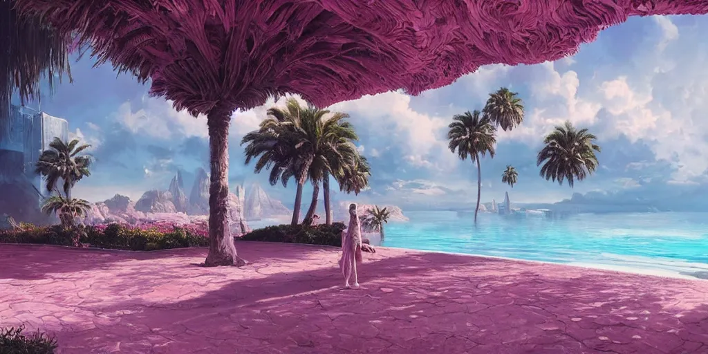 Prompt: artgem and greg rutkowski masterpiece, hyperrealistic surrealism, award winning masterpiece with incredible details, epic stunning, infinity pool, a surreal vaporwave liminal space, highly detailed, trending on ArtStation, calming, meditative, pink arches, palm trees, very vaporwave, very very surreal, sharp details, dreamscape