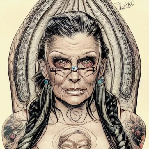 Image similar to a beautiful portrait of a heavily tattooed older woman Travis Charest style