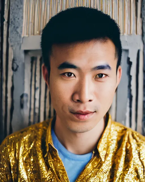 Image similar to gold, blue, photo of an asian male, 8 5 mm f 1. 8