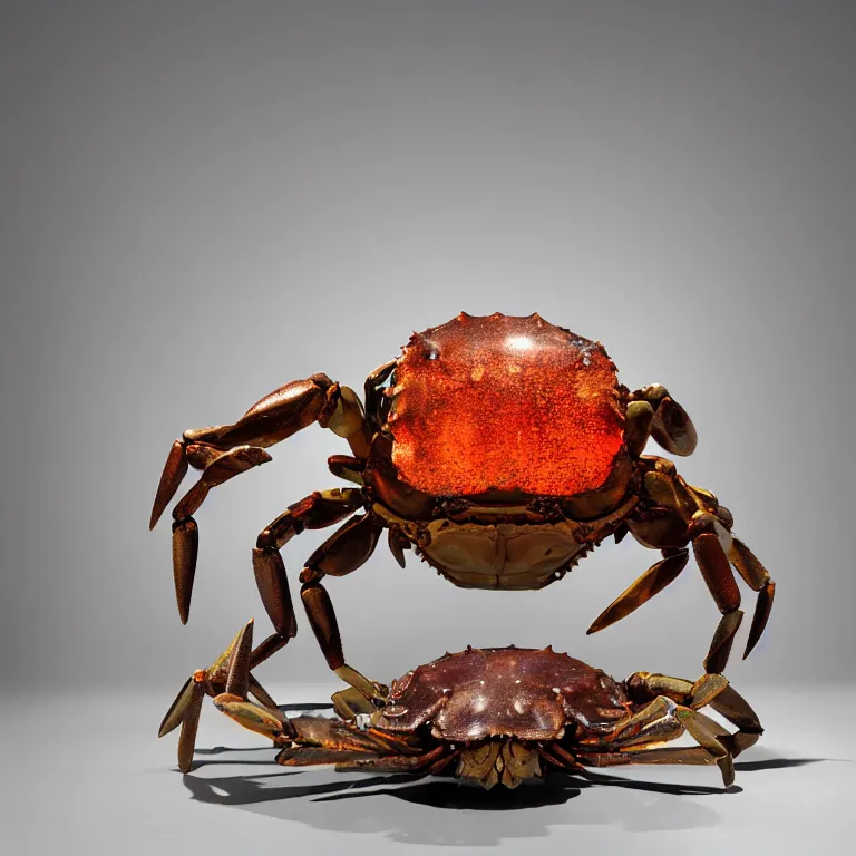 Prompt: hyperrealistic sculpture of an rusted iron tasmanian giant crab crab fossil encased in a solid tube of iridescent glass on a pedestal by ron mueck and duane hanson and damien hirst, hyperrealistic dramatic colored lighting trending on artstation 8 k