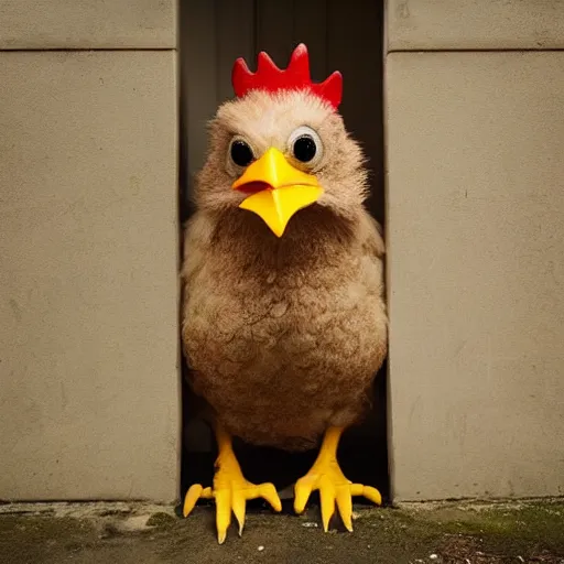 Image similar to man dressed as a chicken hiding around a corner, trending artstation, award winning photo