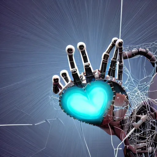 Image similar to robot's Heart-shaped fingers, Five fingers on the hand, a close up, steel, metal, colourful lighting blue and white, Wires, Mechanisms, cgsociety, octane render, trending on artstation, artstationHD, artstationHQ, unreal engine, 4k, 8k, 3d render, 3d Houdini, cinema 4d, octane, unreal engine 5, ue4,