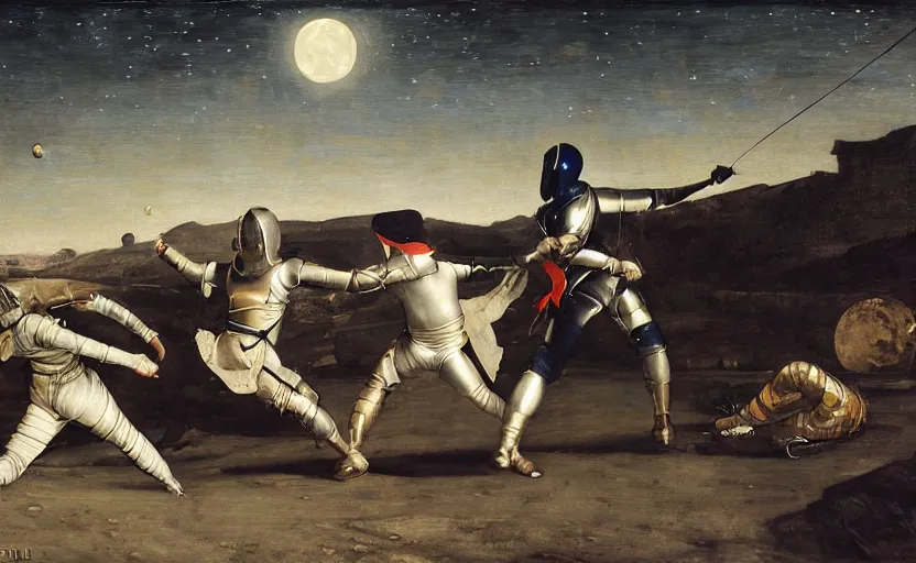 Image similar to a fencing match on the moon by edgar maxence and caravaggio and michael whelan and delacroix style, artistic, intricate painting, cinematic lighting, hyper realistic, extremely detailed, establishing shot, 8 k resolution, dramatic lighting