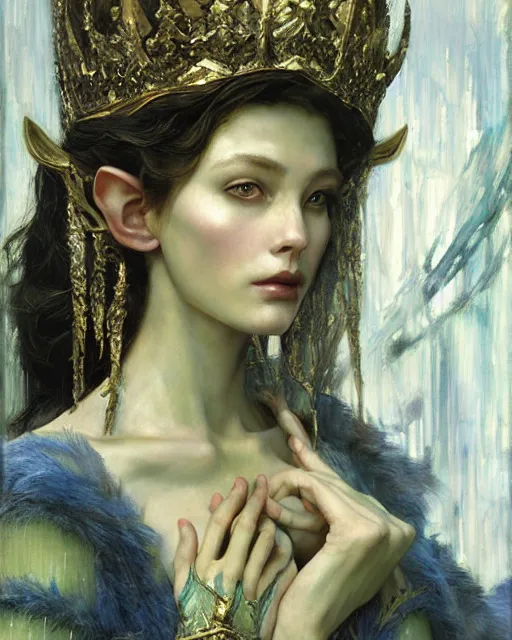 Prompt: a beautiful elf queen, oil painting, by Edgar Maxence, James Gurney, Ross Tran and Michael Whelan