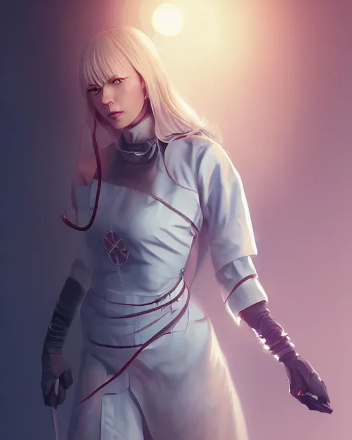 Prompt: beautiful nordic woman wearing futuristic nurse outfit, beautiful, detailed portrait, cell shaded, 4 k, concept art, by wlop, ilya kuvshinov, artgerm, krenz cushart, greg rutkowski, pixiv. cinematic dramatic atmosphere, sharp focus, volumetric lighting, cinematic lighting, studio quality