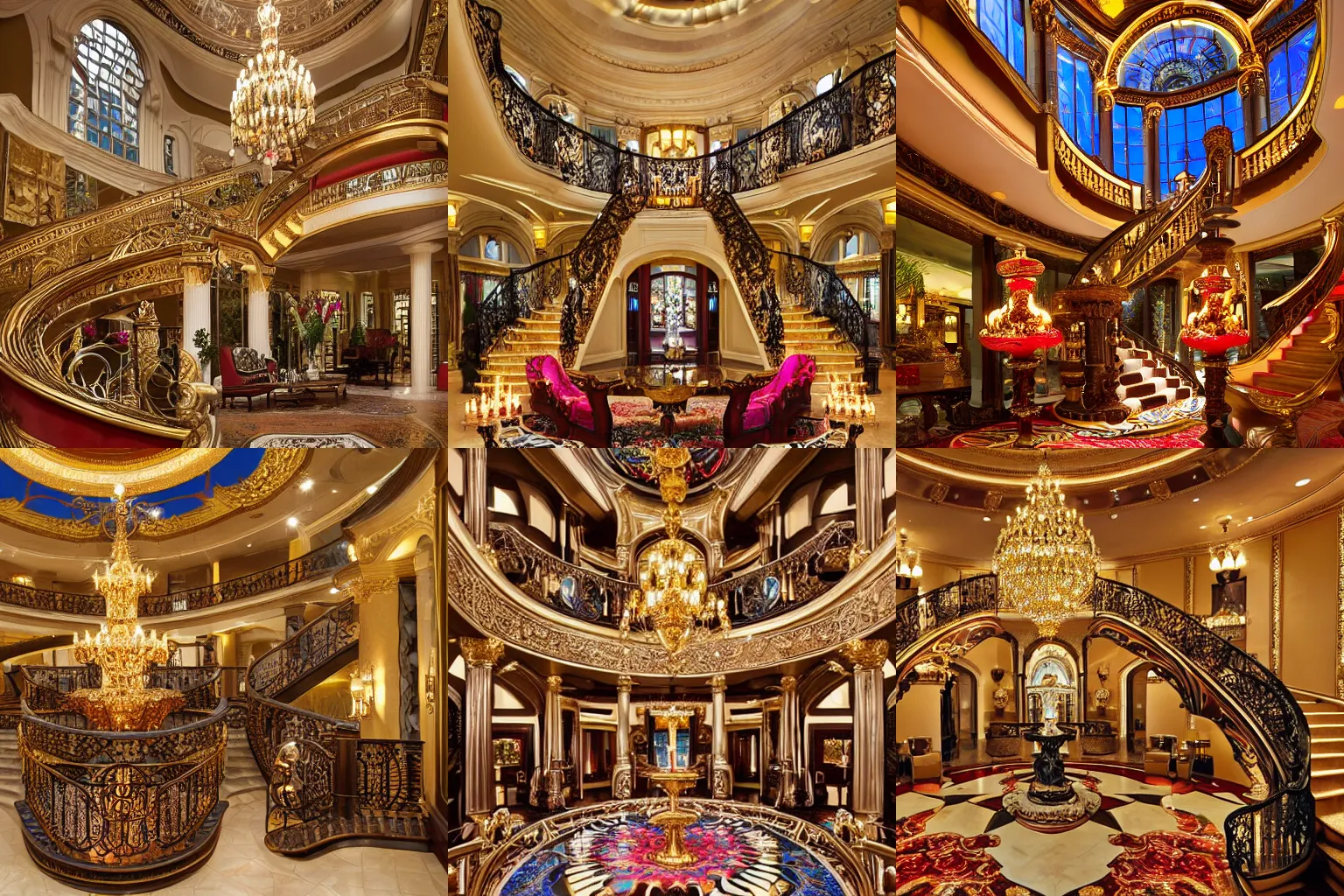 Prompt: large luxurious billionaire's atrium. Maximalist colorful decoration and fancy furniture. Classic architecture with golden accents. Curved staircase with elaborate railing. Large ornate fireplace. Illumination provided by fire torches, chandeliers, and candles. Detailed digital by Disney