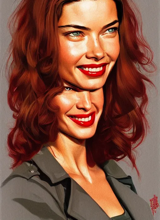 Image similar to twin peaks movie poster art, portrait of a smiling adriana lima, from scene from twin peaks, clean, simple illustration, nostalgic, domestic, highly detailed, digital painting, artstation, concept art, smooth, sharp focus, illustration, artgerm, donato giancola, joseph christian leyendecker, wlop