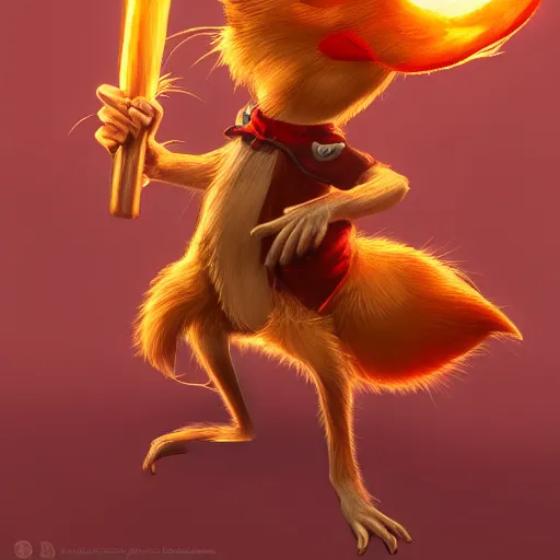 Prompt: anthropomorphic Rat with a filigran golden diadem that has a red feather sticking out from it, in an action pose, with epee in hand, sunset lighting, trending on Artstation