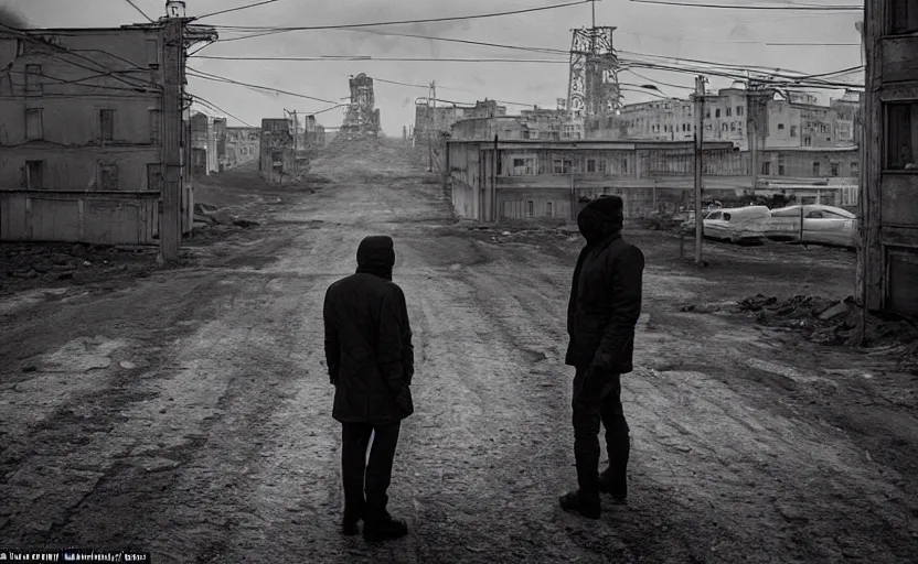 Image similar to In a city of Norilsk on the Moon, a Mysterious man is standing in the middle of a street photo by Gregory Crewdson, a city on the Moon