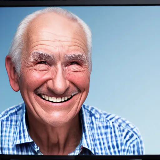 Image similar to a smiling old man on a tv screen