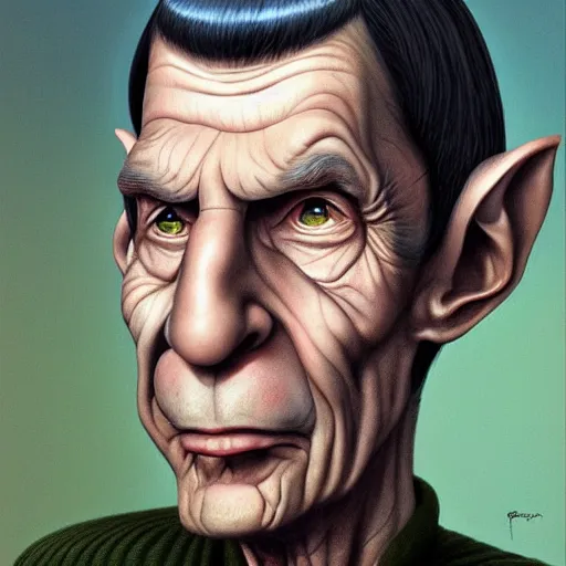 Image similar to Leonard Nimoy as Spock Funny cartoonish by Gediminas Pranckevicius H 704 and mort drucker Tomasz Alen Kopera, masterpiece, trending on artstation