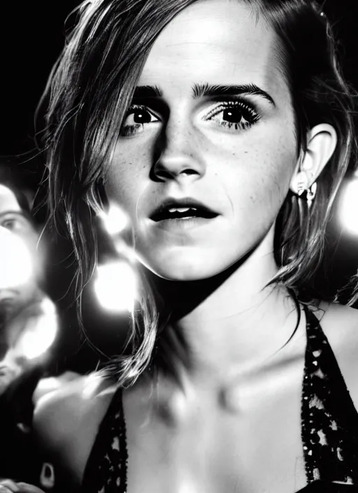 Prompt: medium shot photo of emma watson super drunk having fun being the center of attention in a pool party in a crowded modern indoors pool with cyberpunk illumination at night. sensual photo. symmetrical balance, in - frame. photorealistic