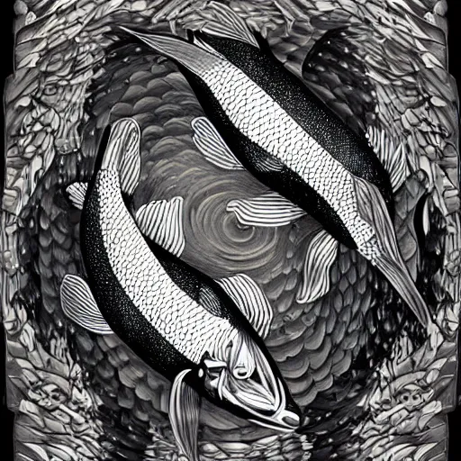 Image similar to 2 koi fish, yin yang, black white, by Android Jones