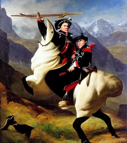 Image similar to gordon ramsay riding a long horn ram in the scottish mountains in the style of napoleon crossing the alps painting by paul delaroche, masterpiece, tartan cape