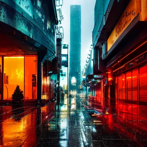 Image similar to professional photograph of a bustling neon dystopian city, rainy sidewalks, high quality, highly detailed, HD, 8K