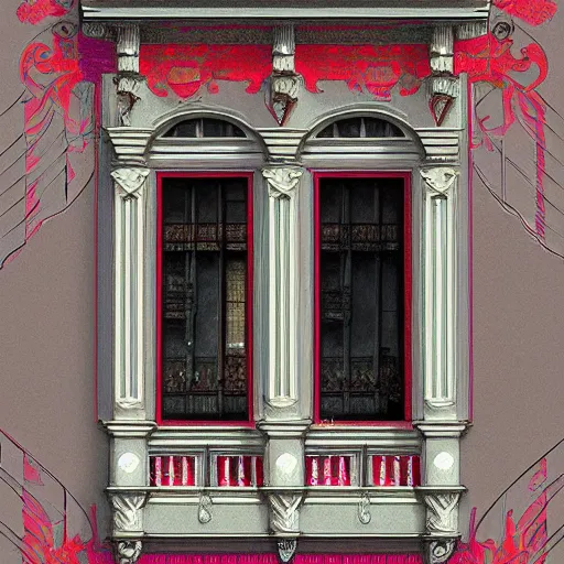 Image similar to digital illustration of a beautiful window open front view, complete window!, realis aesthetic, achenbach, andreas, angelico, fra, bellotto, bernardo, ornate, russian style, colorful architectural drawing, behance contest winner, vintage frame window