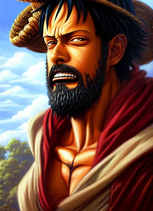 Image similar to luffy as _ fantasy _ style _ portrait _ painting _ of middle eastern male brown wavy hair beard, rpg dnd oil _ painting _ unreal _ 5 _ daz. _ rpg _ portrait _ extremely _ detailed _ artgerm _ greg _ rutkowski _ greg