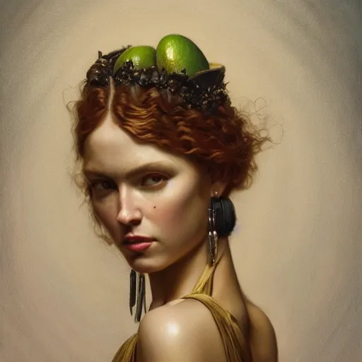 Image similar to highly detailed oil painting | very intricate | cinematic lighting | award - winning | avocado dress design | by roberto ferri, by tom bagshaw, by j. c. leyendecker and klimt, american romanticism, by austin osman spare, artstation, cgsociety, official art, octane