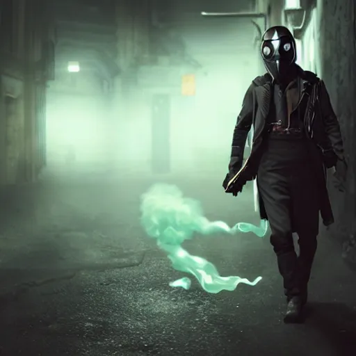 Prompt: hooden villain wearing a kamen rider gas mask, red eyes, smoke coming out of his body and coat, dark background, in a dark alley, unreal engine 5, ultra realistic, detailed, fog, volumetric lighting, by greg rutkowski,