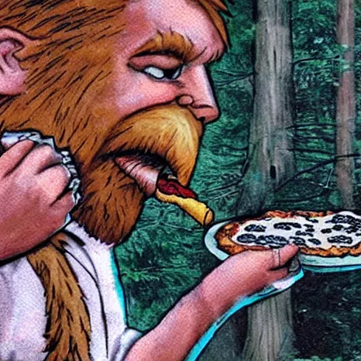 Prompt: bigfoot smoking weed while eating a pizza