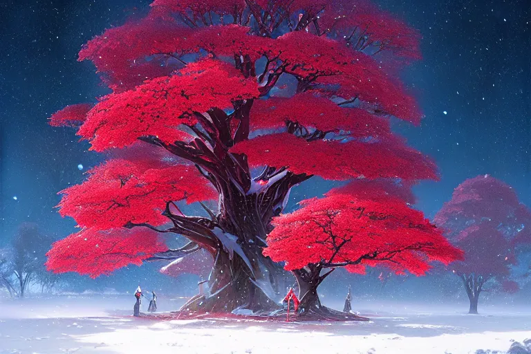 Image similar to giant tree in snow with red flowers, unreal engine, fantasy art by greg rutkowski, loish, rhads, ferdinand knab, makoto shinkai and lois van baarle, ilya kuvshinov, rossdraws, tom bagshaw, global illumination, radiant light, detailed and intricate environment