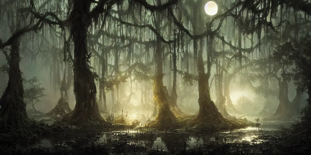 Prompt: a dark lush swamp at nighttime, glowworms hanging from the trees, cloudy obscured moon, fantasy digital painting, stunning intricate details, artwork by ross tran and greg rutkowski