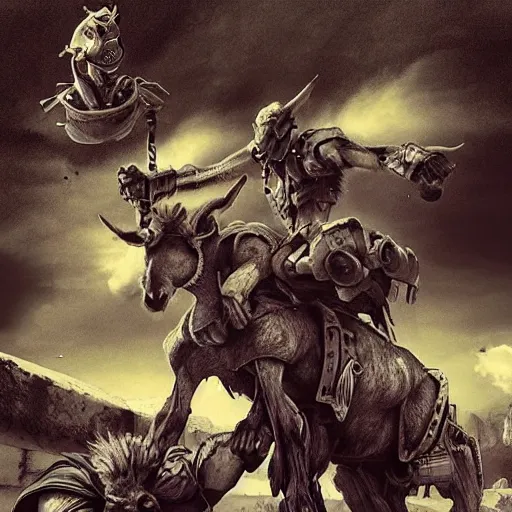 Prompt: “donkeys and cyborg ogres fight to the death, epic, detailed, realistic fantasy”