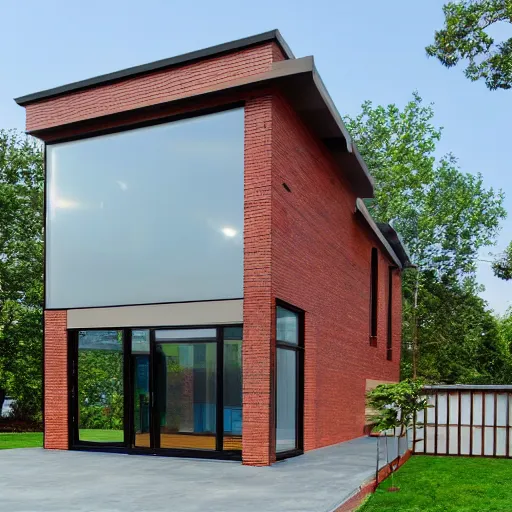 Prompt: hyper realistic elevation of a house, brick, concrete, glass, wood
