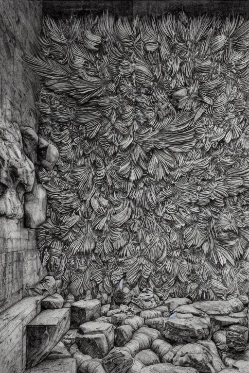 Image similar to hyperdetailed brutalist sculpted wall of feathers and fungus by berto lardera and illustrated by alan lee