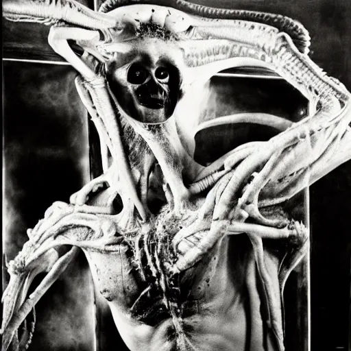 Prompt: alien, wide angle, Cronenberg, black and white photo by Joel Peter Witkin:: n-9